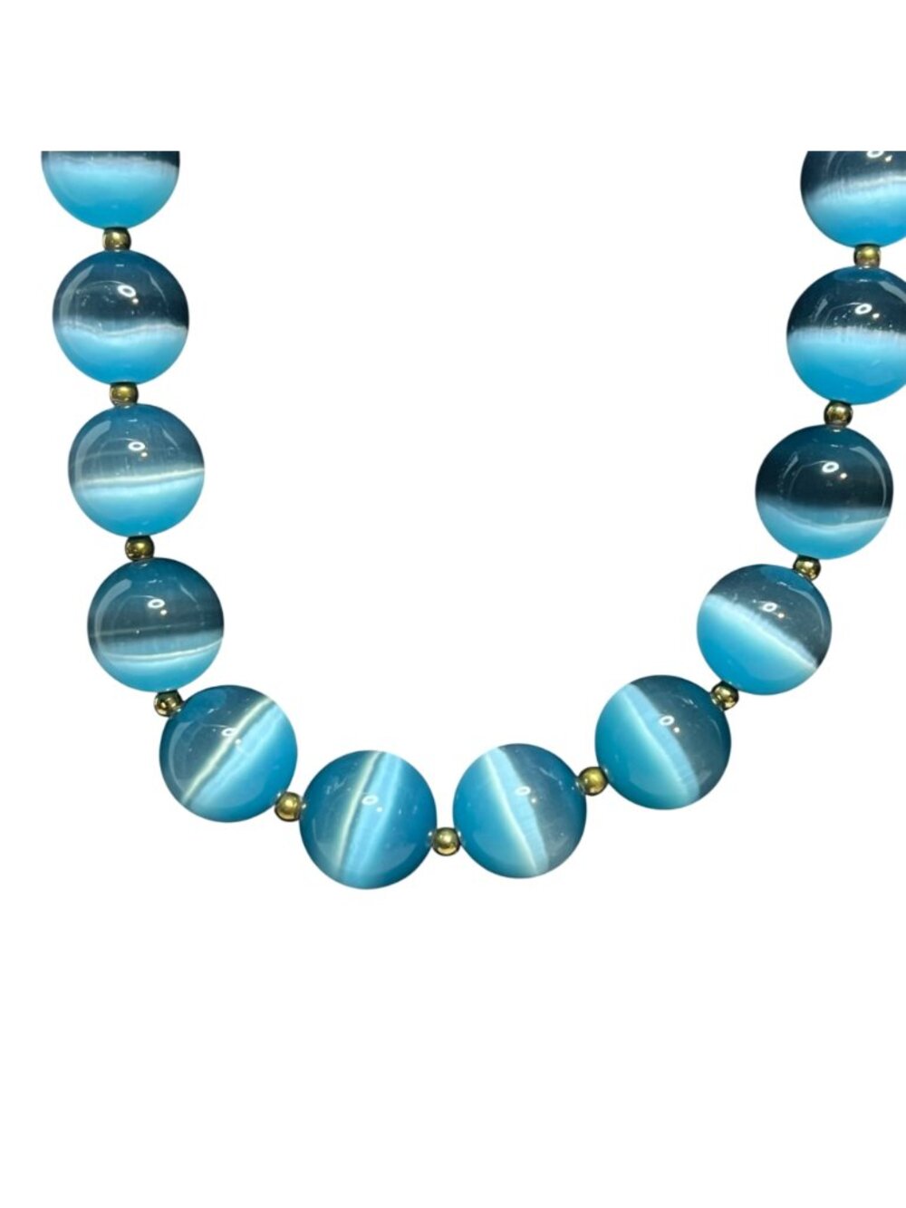 Blue Cats Eye Beaded Necklace W/ Gold Tone Accents And Pierced Earrings (6394) - Picture 4 of 13